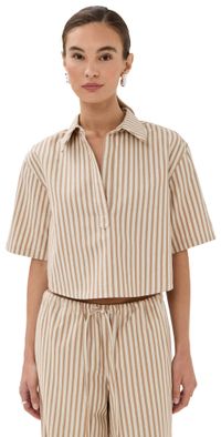 SPRWMN Cropped Oversized Henley Camel Stripe M