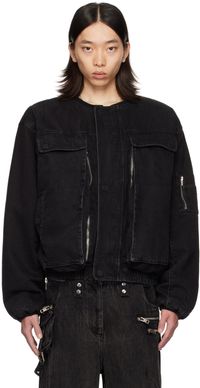 NO/FAITH STUDIOS Blouson aviateur noir en denim à rembourrage amovible aux épaules exclusif à SSENSE