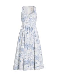 Women's Garden Toile Ebba Midi-Dress - White Blue - Size 16
