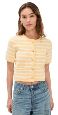 English Factory Knit Striped Sweater Cardigan Butter/White M