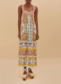 Farm Rio - Robe longue en lin mélangé imprimé - Taille L - Multicolore