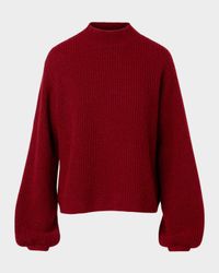 Mock-Neck Blouson-Sleeve Alpaca Wool Rib Sweater