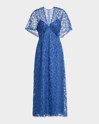 V-Neck Tulip Lace Cape-Sleeve Midi Dress