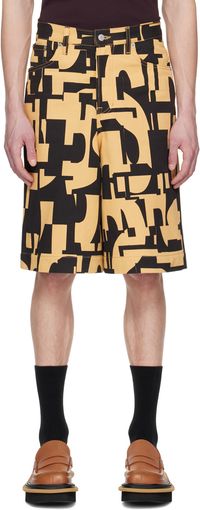 Dries Van Noten Black & Tan Printed Denim Shorts