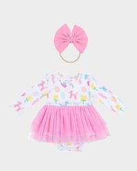 Girl's Balloon Animals Long-Sleeve Tutu Bodysuit and Headband Set, Size 3M-24M