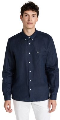 Lacoste Regular Fit Linen Casual Button Down Shirt Navy Blue XL