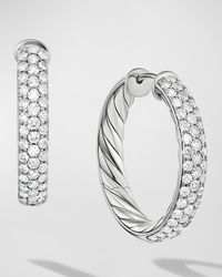 Sculpted Cable Hoop Earrings with Diamonds in Silver, 5mm, 1"L