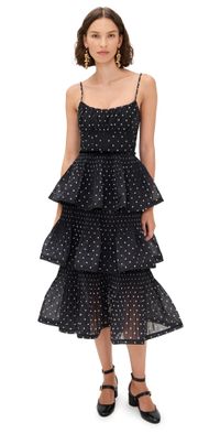 Zimmermann Pleated Tiered Midi Dress Black/Cream Polka Dot 0P