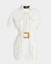 Lace-Up Canvas Denim Mini Dress with Belt