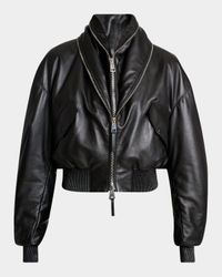 Double Shawl-Collar Leather Crop Bomber Jacket