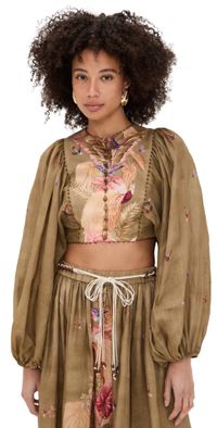Zimmermann Ascension Cropped Bodice Top Khaki Palm Floral 4
