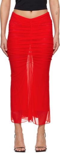 Mugler Jupe midi rouge en filet à effet ruché