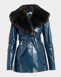 Lamb Shearling Collar Shiny Leather Short Wrap Coat