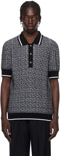 Balmain Black & White 'PB' Labyrinth Knit Polo