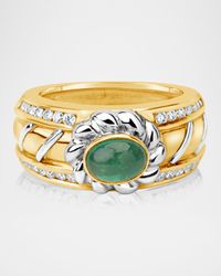 18K Oval Emerald and Diamond Band Ring, Size 6.75