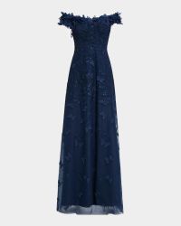 Off-Shoulder Floral-Embroidered Tulle Gown