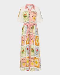 Marla Tile-Print Linen Maxi Shirtdress