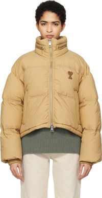 AMI Paris Blouson brun clair rembourré en duvet à logo Ami de cœur