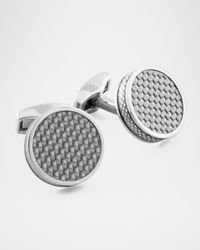 Rhodium-Plated Carbon Fiber Round Cuff Links