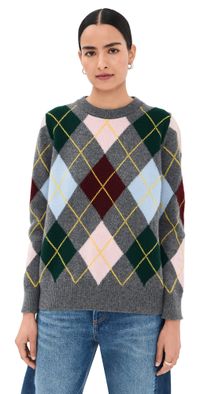 &Daughter Argyle Slouch Crewneck Sweater Grey With Pale Pink S