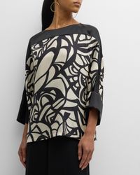 Quaglia Abstract-Print 3/4-Sleeve Silk BLouse
