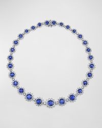 Platinum Large Round Blue Sapphire Necklace with Diamonds, 16"L, 62.25tcw