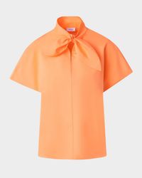 Neck-Tie Cap-Sleeve Cotton Poplin Blouse