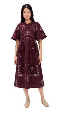 Sea Edwina Embroidery Short Sleeve Dress Burgundy M