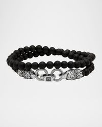 Men's Wolf-Clasp Sterling Silver and Black Onyx Beaded Bracelet