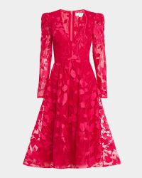 Parker Long-Sleeve Embroidered Leaf Midi Dress