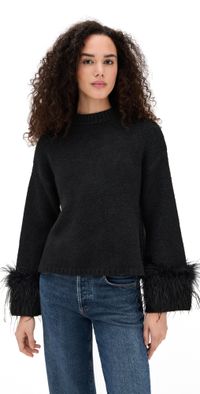 WAYF Pia Feather Trim Pullover Sweater Black XL