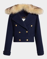 Faux-Fur Collar Double-Breasted Wool Bomber Jacket