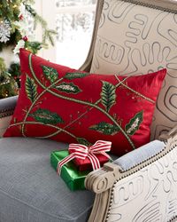 Beaded Holly Leaves Classic Christmas Lumbar Pillow, 14" x 22"