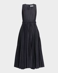 Sleeveless Pleated Denim Midi Dress With Belt
