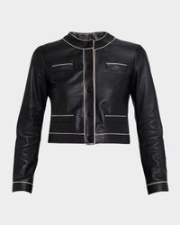 Cropped Contrast-Trim Leather Jacket