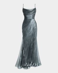 Regina Cowl-Neck Metallic Plisse Ankle Gown