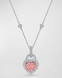 Platinum 18K Rose Gold Pink Heart Diamond 2-Sided Pendant Necklace, 16"L, 3.48tcw
