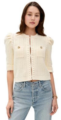 L'AGENCE Delilah Crop Textured Cardigan Vintage White/Gold Knot XS