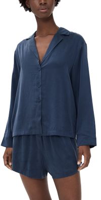 Lunya Long Sleeve Silk Button Up Shorts Set Deep Blue S