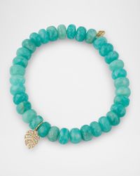14K Gold Diamond Pave Leaf Charm Amazonite Beaded Bracelet