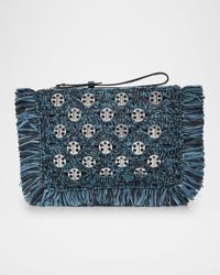 Fringed Denim Raffia Disc Pouch Bag