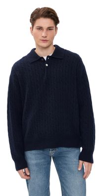 FRAME Cable Polo Sweater Dark Navy L