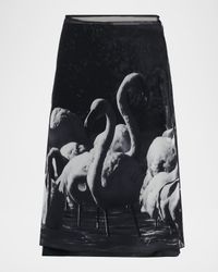 Flamingo-Print Silk Midi Skirt