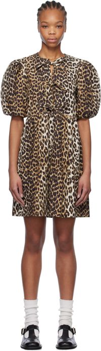 GANNI Brown Leopard Printed Cotton Tie String Minidress
