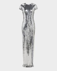 Sequined Short-Sleeve High Slit Gown