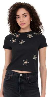 alice + olivia Cindy Classic Cropped Tee with Crystal Star Cutouts Black XS
