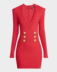 Buttoned Long-Sleeve Pointelle Knit Mini Dress