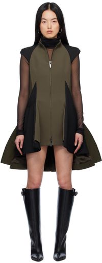 sacai Robe courte kaki et noir en sergé et en barathéa à panneaux