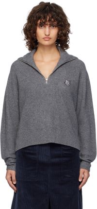 Maison Kitsuné Pull gris en tricot côtelé à logo de renard et à demi-glissière