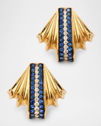 14K Yellow Gold Scallop Diamond and Blue Sapphire Earrings